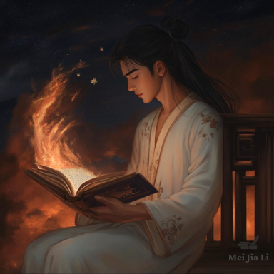 Fantasy wuxia artwork with a figure reading a glowing book – original creation by Mei Jia Li.